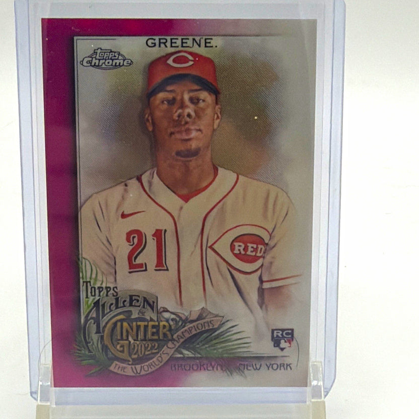 Front of 2022 Topps Allen & Ginter Chrome Hunter Greene rookie #209 Magenta Refractor numbered 20/199