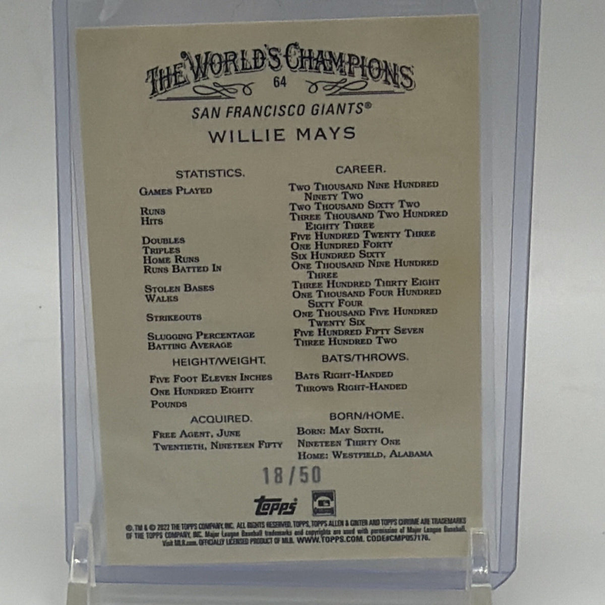Full reverse of Willie Mays 2022 Topps Allen & Ginter Chrome Gold Refractor card