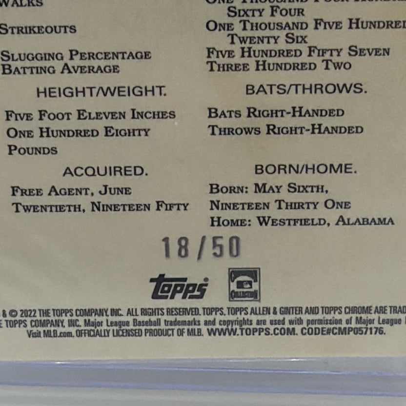 Close-up of Willie Mays Gold Refractor card serial number 18/50