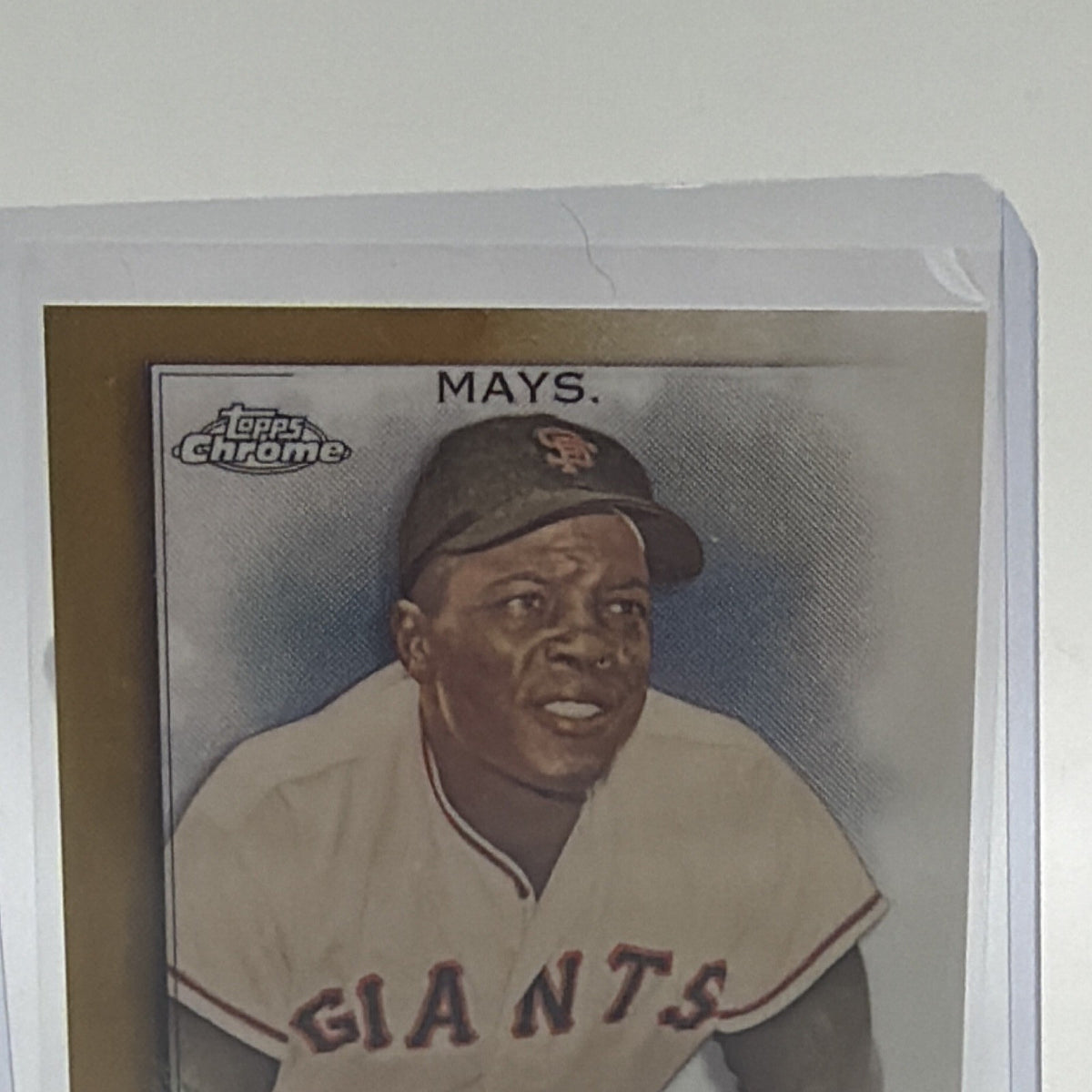 Close-up of Willie Mays portrait in San Francisco Giants uniform on Allen & Ginter Chrome card