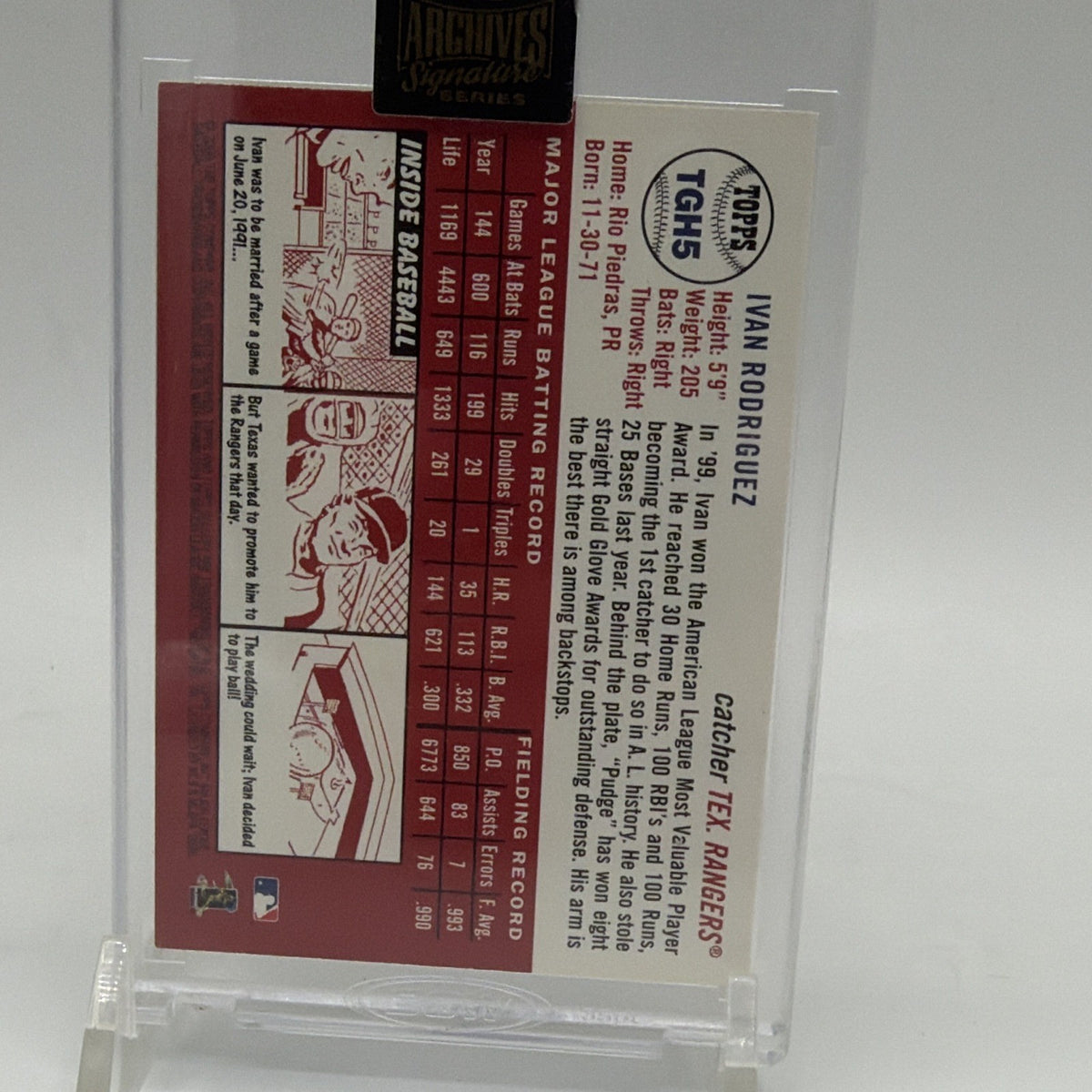 Reverse of Ivan Rodriguez autographed buyback card in Topps Archives Signature Series case