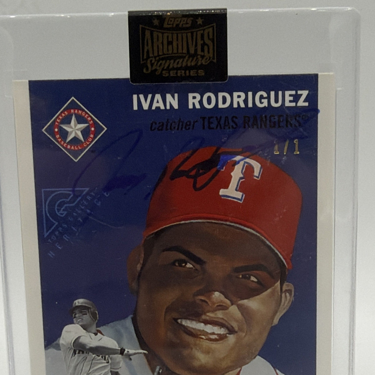 Close-up of Ivan Pudge Rodriguez smiling in a Texas Rangers cap