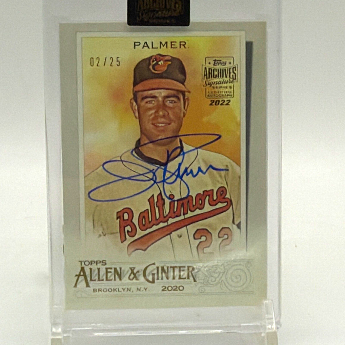 Front of 2022 Topps Archives Signature Series Jim Palmer autographed baseball card numbered 02/25