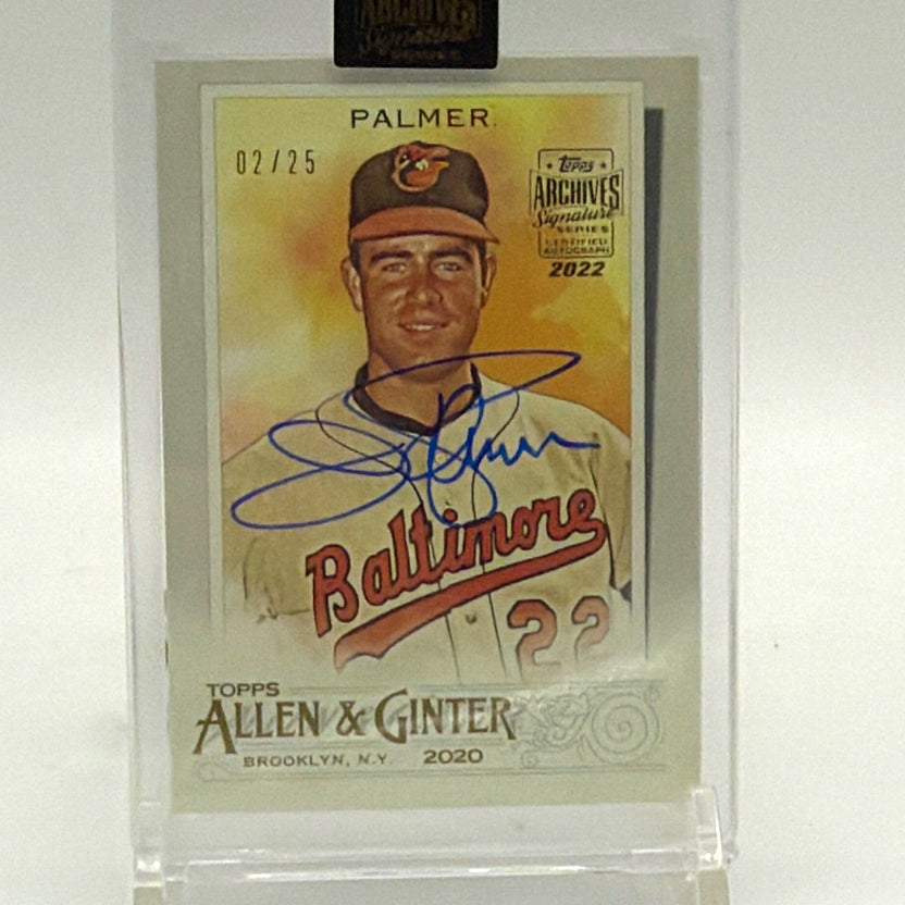 Front of 2022 Topps Archives Signature Series Jim Palmer autographed baseball card numbered 02/25