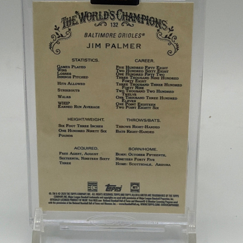 Reverse of Jim Palmer's Allen & Ginter baseball card inside the Topps Archives Signature Series case