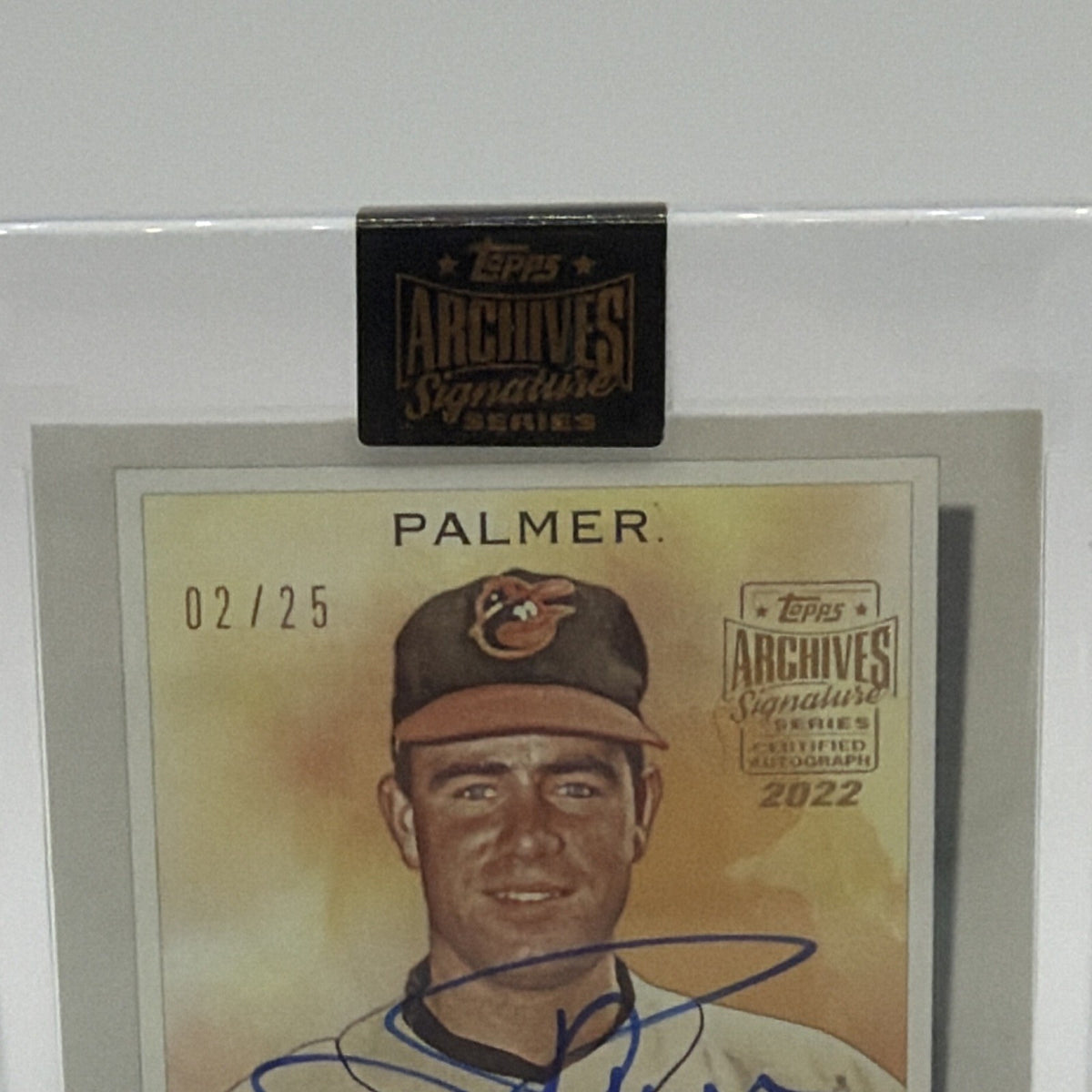 Alternate front view of Jim Palmer Allen & Ginter autographed card in protective case