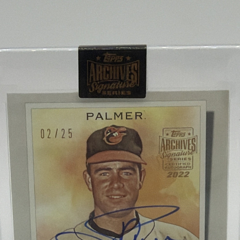 Alternate front view of Jim Palmer Allen & Ginter autographed card in protective case