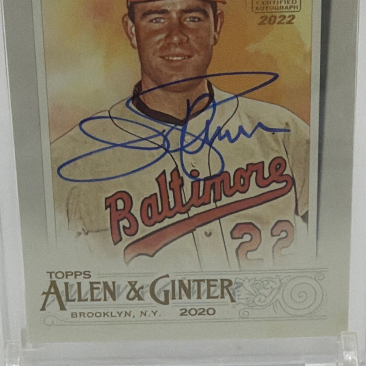 Close-up of Jim Palmer's blue-ink autograph across his Baltimore Orioles portrait