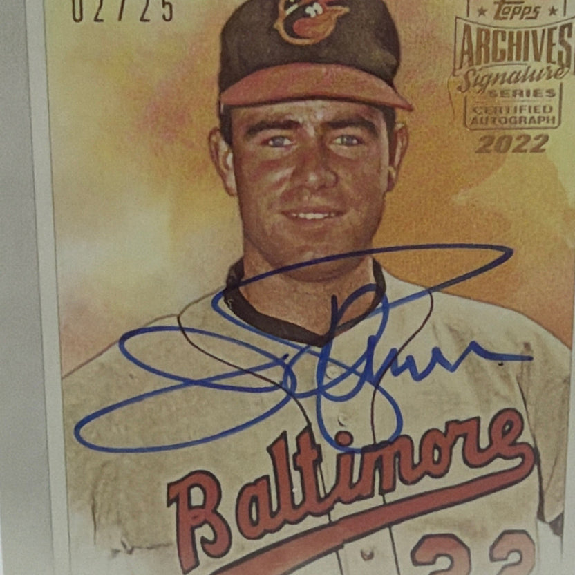 Detail of Jim Palmer in Baltimore Orioles uniform with Allen & Ginter artwork and autograph