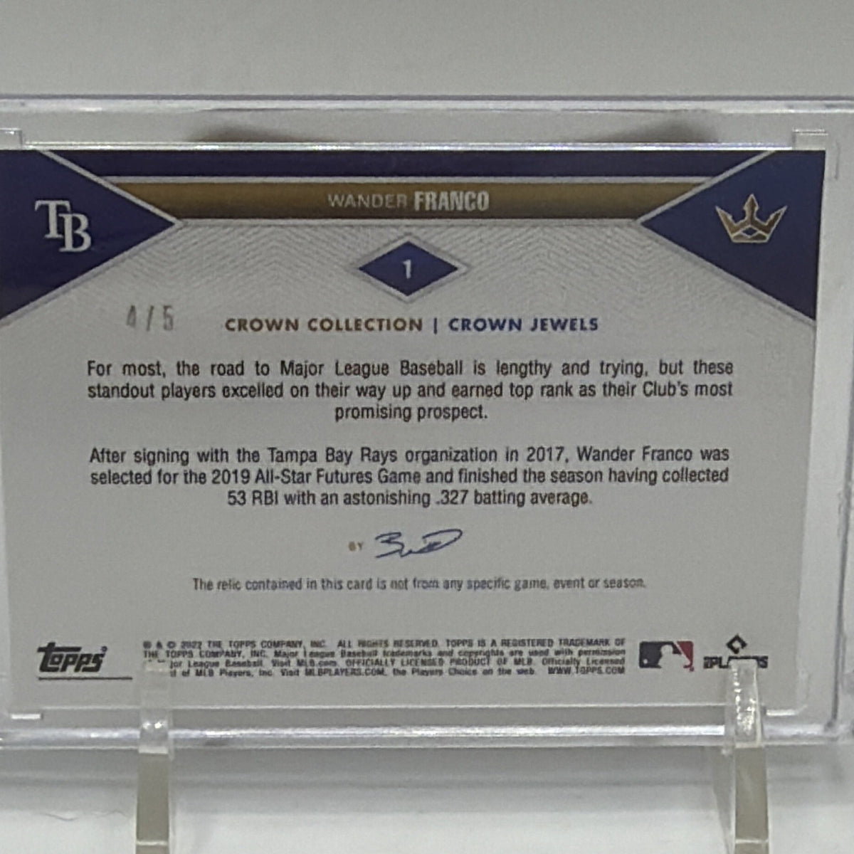 Reverse of 2022 Topps X Bobby Witt Jr. Crown Jewel Wander Franco memorabilia card
