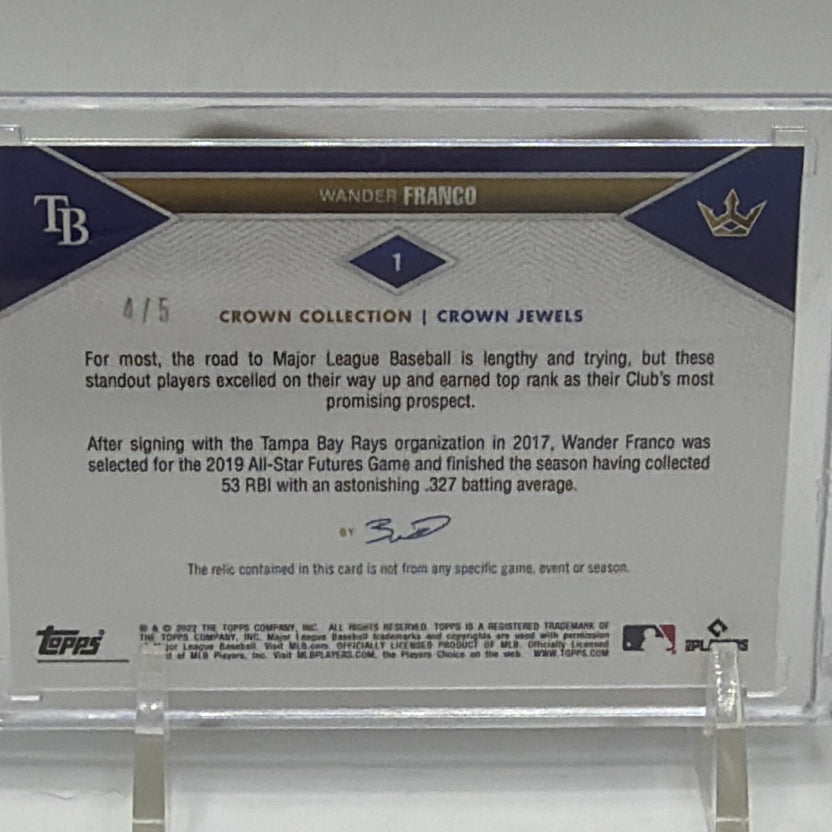 Reverse of 2022 Topps X Bobby Witt Jr. Crown Jewel Wander Franco memorabilia card