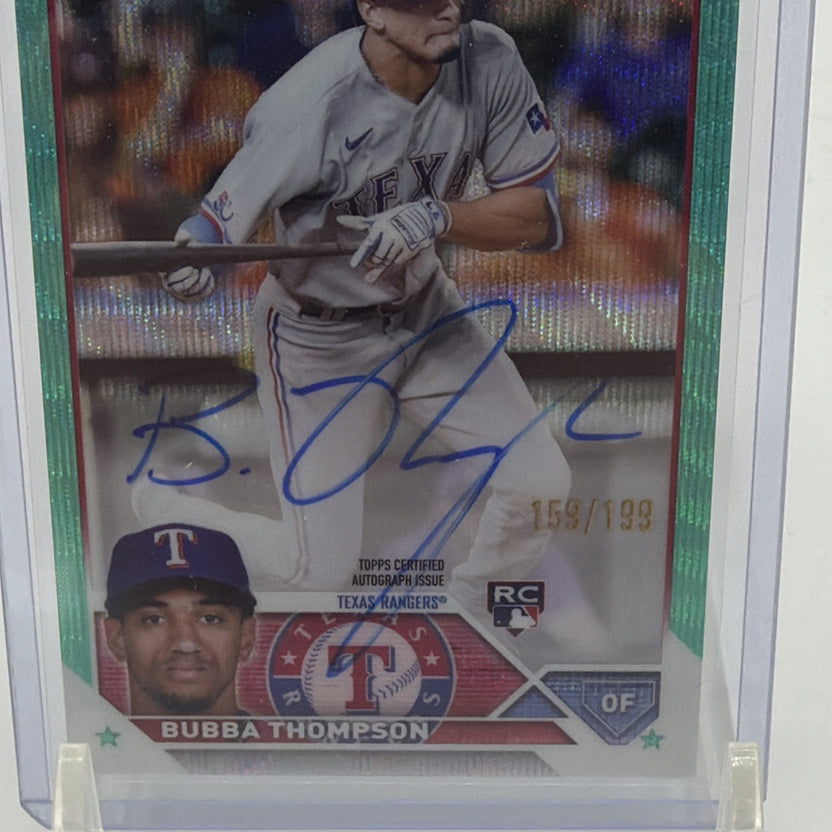 Close-up of blue-ink Bubba Thompson rookie autograph on 2022 Topps Chrome card