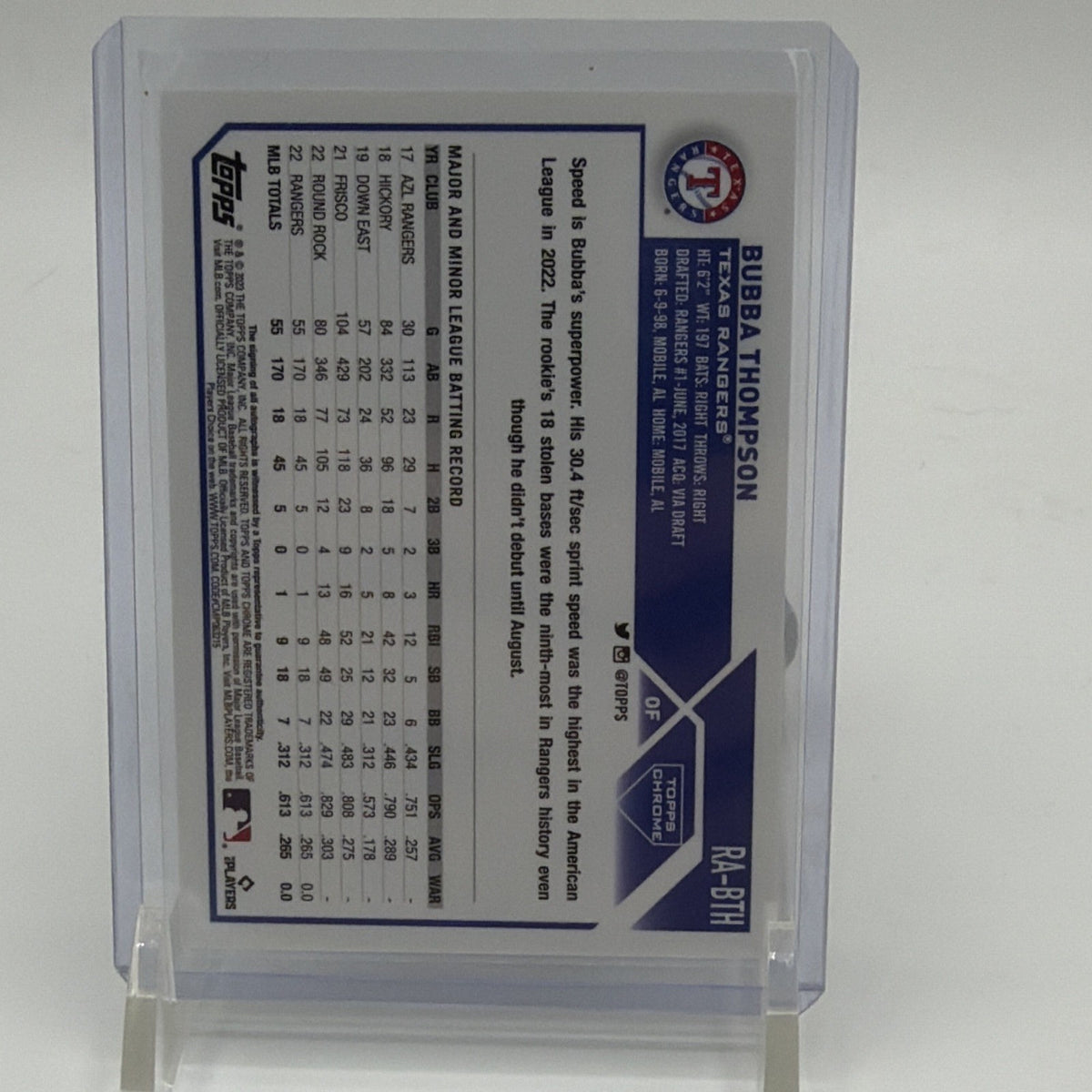 Back of 2022 Topps Chrome Bubba Thompson rookie autograph #RA-BTH