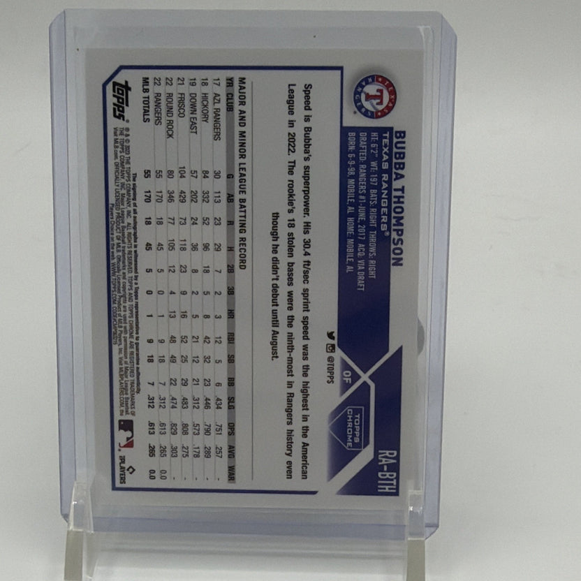 Back of 2022 Topps Chrome Bubba Thompson rookie autograph #RA-BTH