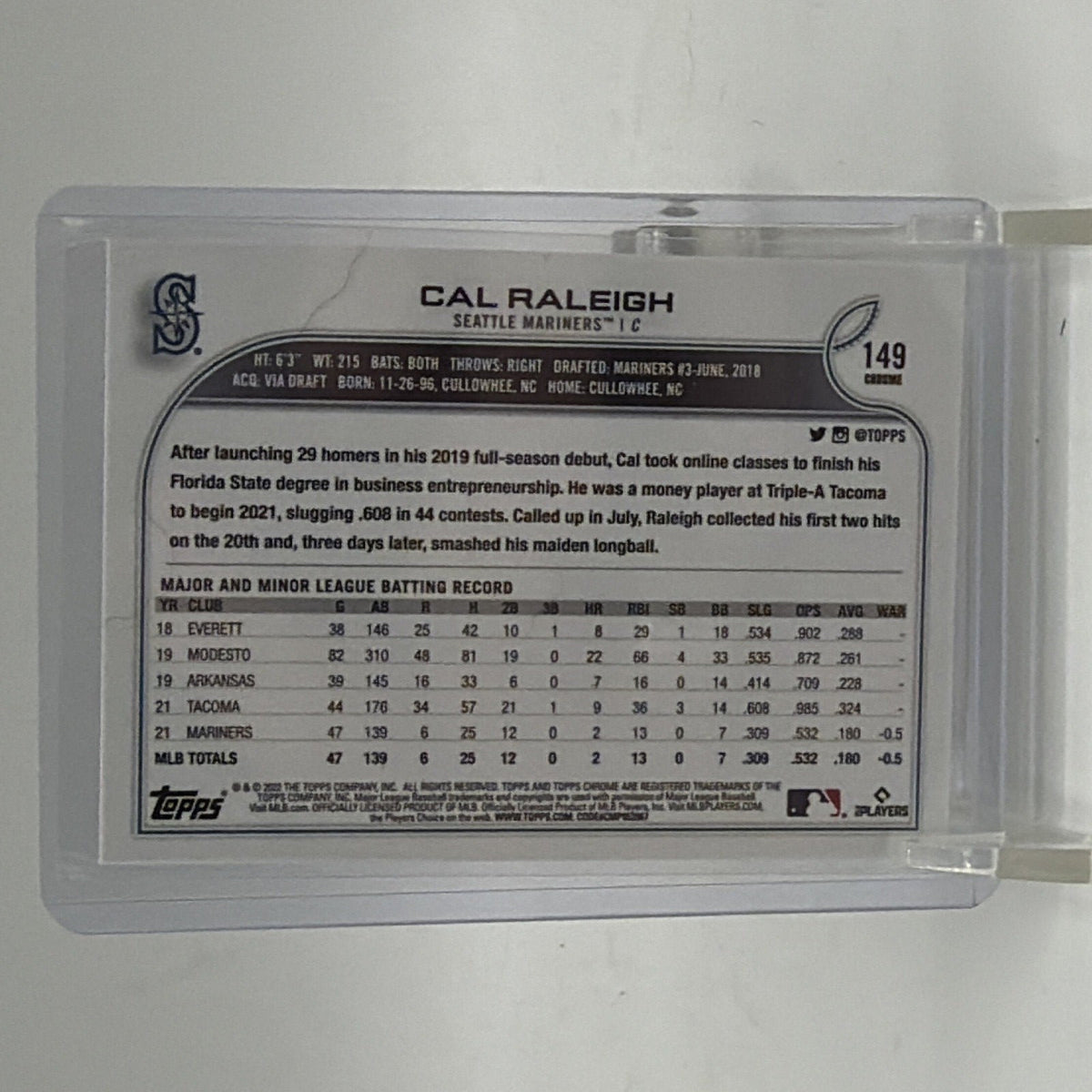 Back of 2022 Topps Chrome Cal Raleigh #149 rookie baseball card showing player statistics and information