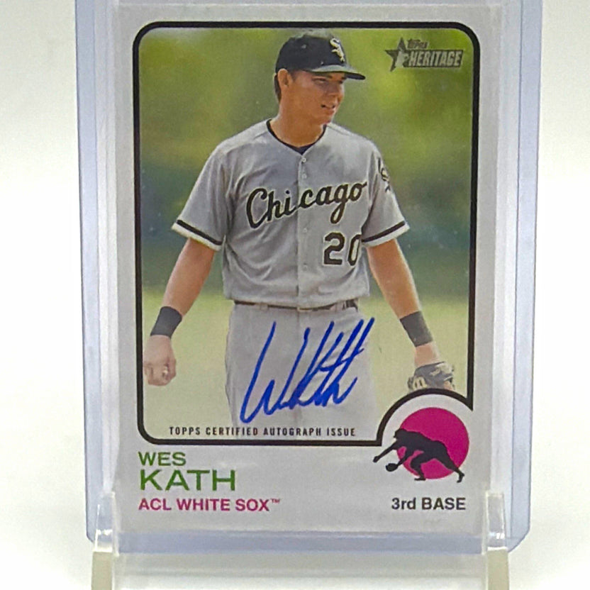 Front of 2022 Topps Heritage Minor League Wes Kath Real One Autographs card with blue-ink signature
