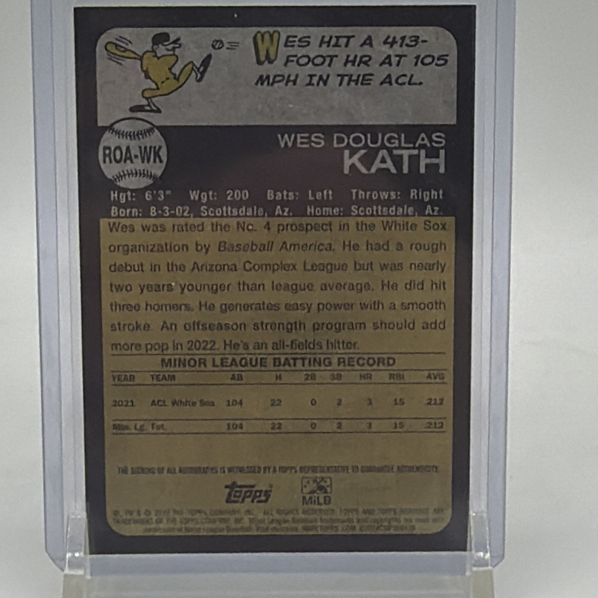 Back of Wes Kath Real One Autographs baseball card showing player information and printed statistics