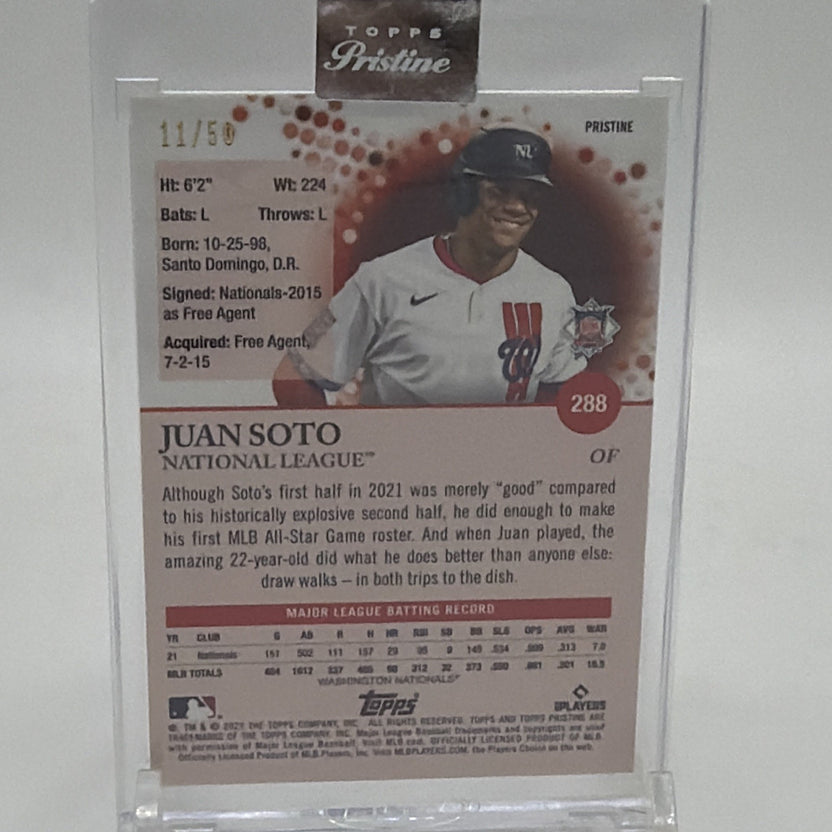 Back of Juan Soto 2022 Topps Pristine #288 Gold Pristine Refractor