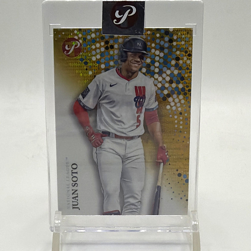 Front of 2022 Topps Pristine Juan Soto #288 Gold Pristine Refractor numbered to 50