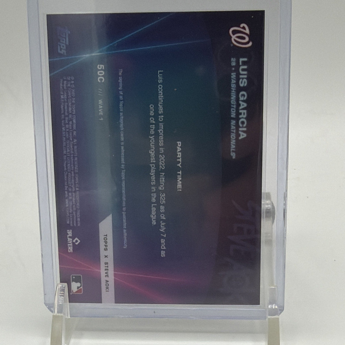 Back of 2022 Topps x Steve Aoki Baseball Party Luis Garcia autograph #50C
