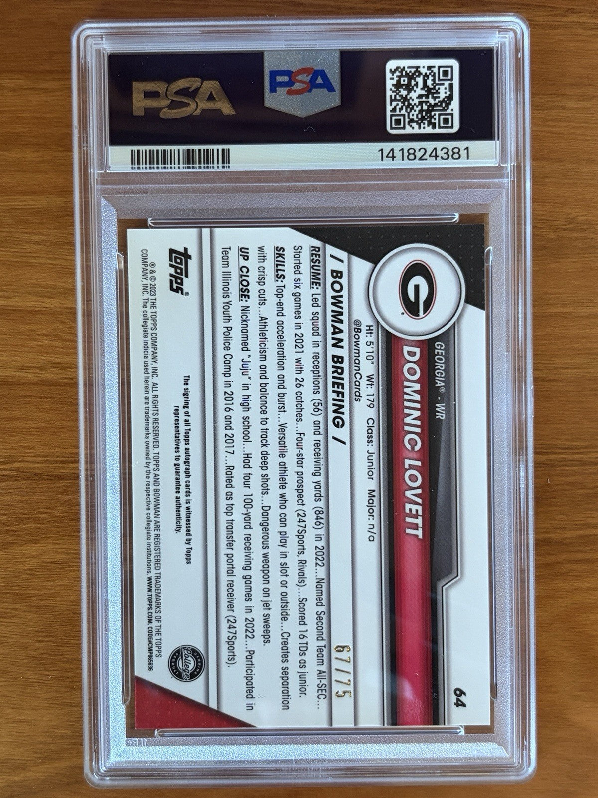 Back of 2023 Bowman University Chrome Dominic Lovett Yellow Refractor autograph card numbered 67 of 75 graded PSA 9 with PSA Auto 10 signature. 2023 Bowman University Chrome Dominic Lovett #64 PSA 9 Auto Yellow Refractor /75
