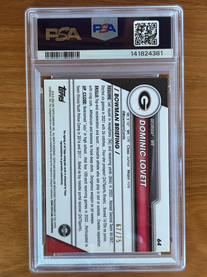 Back of 2023 Bowman University Chrome Dominic Lovett Yellow Refractor autograph card numbered 67 of 75 graded PSA 9 with PSA Auto 10 signature. 2023 Bowman University Chrome Dominic Lovett #64 PSA 9 Auto Yellow Refractor /75