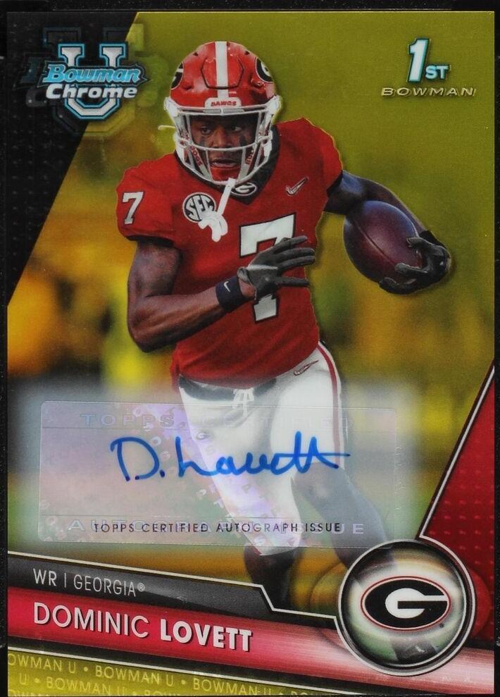 Close-up of Dominic Lovett Yellow Refractor autograph on 2023 Bowman University Chrome 1st Bowman football card for the Georgia Bulldogs. 2023 Bowman University Chrome Dominic Lovett #64 PSA 9 Auto Yellow Refractor /75