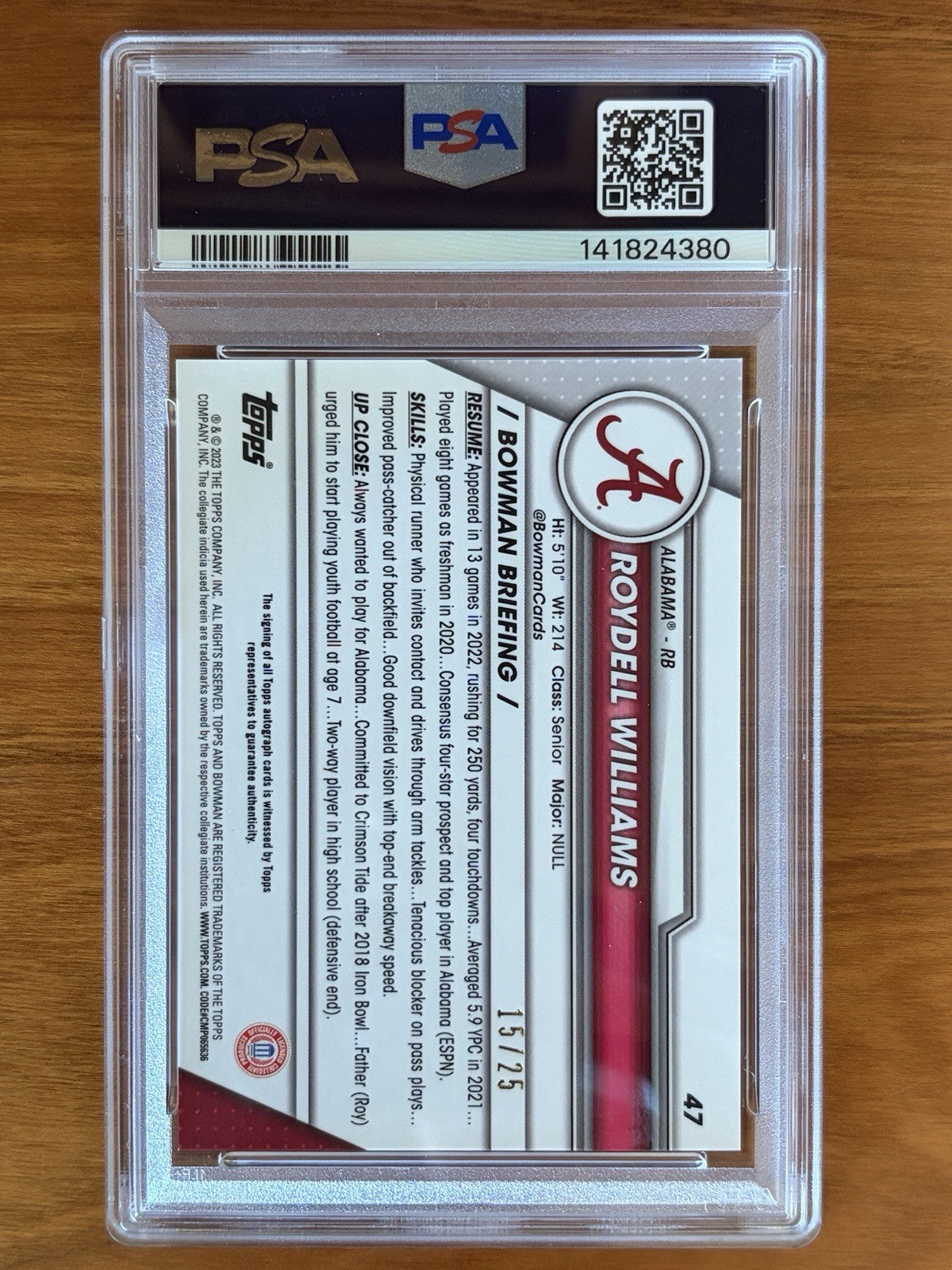 Back of 2023 Bowman University Chrome Roydell Williams Orange Refractor autograph card numbered 15 of 25 graded PSA 10 with PSA Auto 10 signature. 2023 Bowman U Chrome Roydell Williams #47 Perfect PSA 10 Grade 15/25 Orange Auto