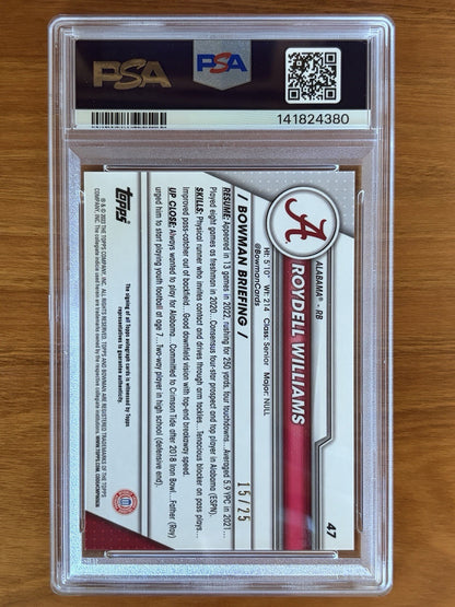 Back of 2023 Bowman University Chrome Roydell Williams Orange Refractor autograph card numbered 15 of 25 graded PSA 10 with PSA Auto 10 signature. 2023 Bowman U Chrome Roydell Williams #47 Perfect PSA 10 Grade 15/25 Orange Auto