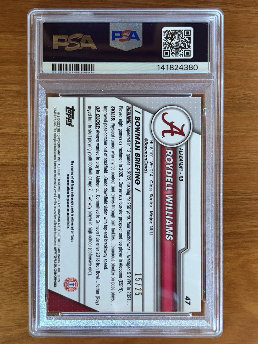 Back of 2023 Bowman University Chrome Roydell Williams Orange Refractor autograph card numbered 15 of 25 graded PSA 10 with PSA Auto 10 signature. 2023 Bowman U Chrome Roydell Williams #47 Perfect PSA 10 Grade 15/25 Orange Auto