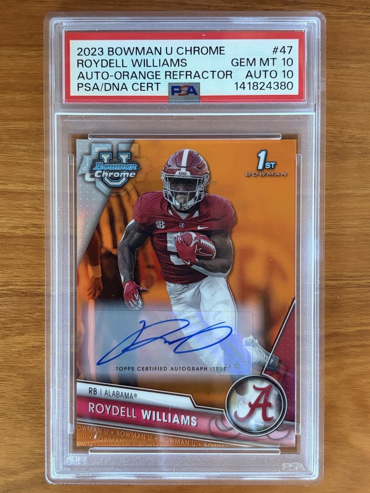 2023 Bowman University Chrome Roydell Williams Orange Refractor autograph card numbered 15 of 25 graded PSA Gem Mint 10 with PSA Auto 10 signature. 2023 Bowman U Chrome Roydell Williams #47 Perfect PSA 10 Grade 15/25 Orange Auto