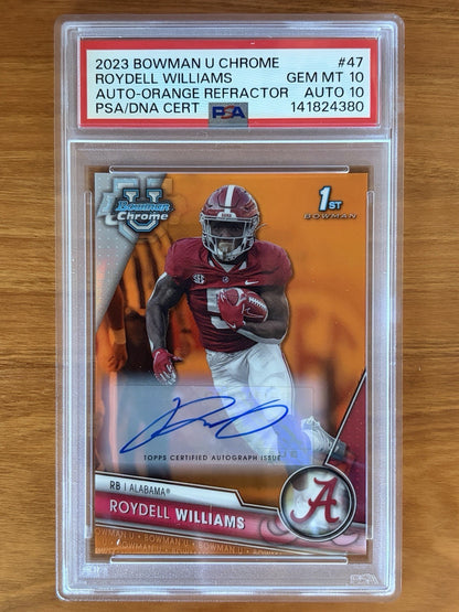 2023 Bowman University Chrome Roydell Williams Orange Refractor autograph card numbered 15 of 25 graded PSA Gem Mint 10 with PSA Auto 10 signature. 2023 Bowman U Chrome Roydell Williams #47 Perfect PSA 10 Grade 15/25 Orange Auto