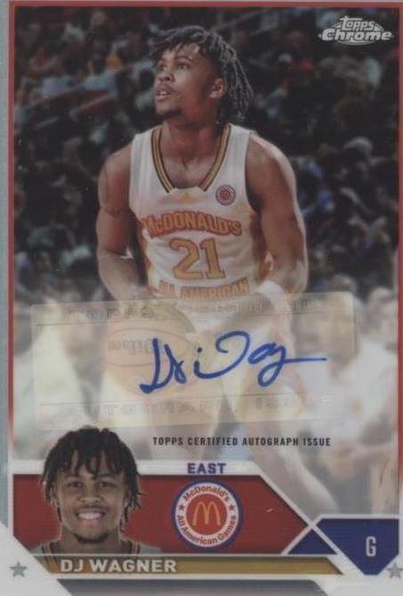 Close-up of DJ Wagner autograph on 2023 Topps Chrome McDonald's All American basketball card featuring the East Team guard. 2023 Topps Chrome McDonald's All American DJ Wagner Autograph PSA 9 Auto 10