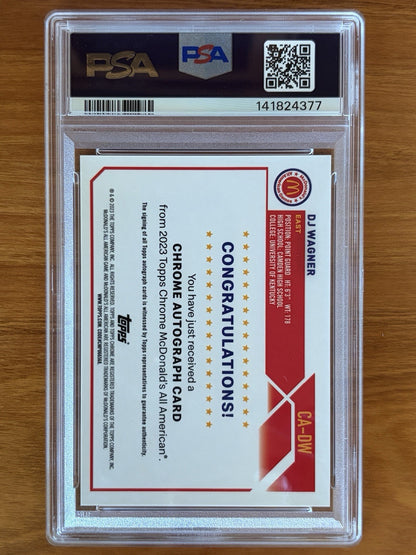Back of 2023 Topps Chrome McDonald's All American DJ Wagner autograph card graded PSA 9 with PSA Auto 10 signature. 2023 Topps Chrome McDonald's All American DJ Wagner Autograph PSA 9 Auto 10
