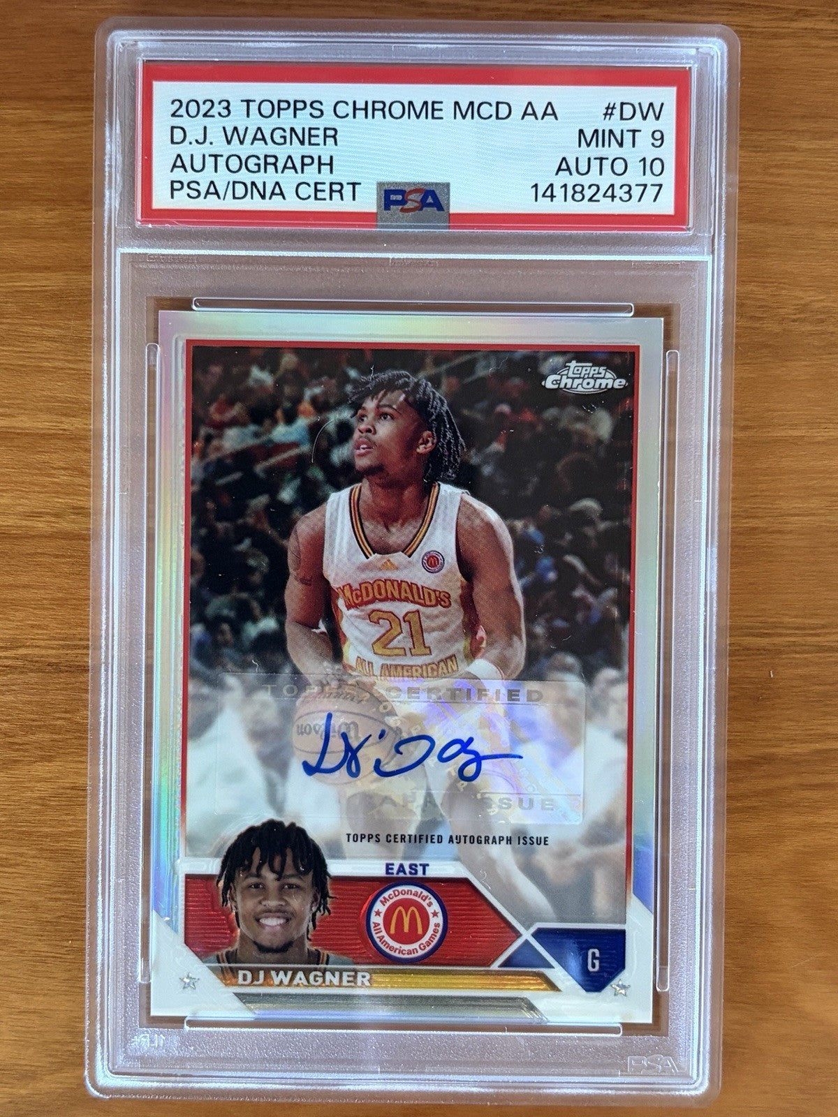 2023 Topps Chrome McDonald's All American DJ Wagner autograph basketball card graded PSA 9 with PSA Auto 10 signature. 2023 Topps Chrome McDonald's All American DJ Wagner Autograph PSA 9 Auto 10