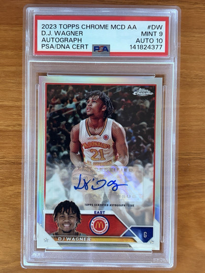 2023 Topps Chrome McDonald's All American DJ Wagner autograph basketball card graded PSA 9 with PSA Auto 10 signature. 2023 Topps Chrome McDonald's All American DJ Wagner Autograph PSA 9 Auto 10