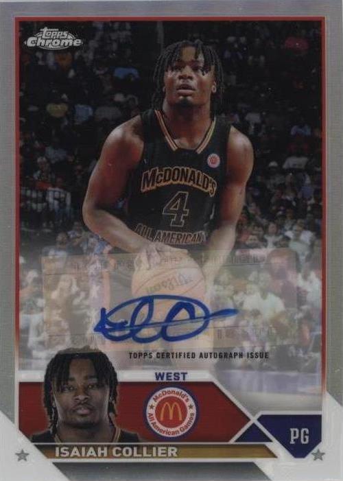 Close-up of Isaiah Collier autograph on 2023 Topps Chrome McDonald's All American basketball card featuring the West Team prospect. 2023 Topps Chrome McDonald's All American Isaiah Collier PSA 9 Auto PSA 10