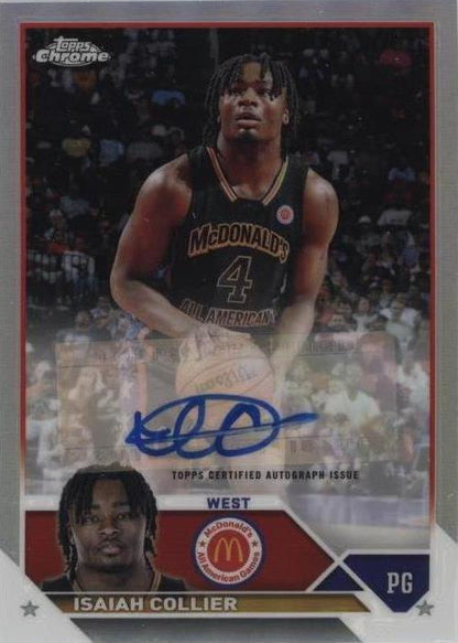 Close-up of Isaiah Collier autograph on 2023 Topps Chrome McDonald's All American basketball card featuring the West Team prospect. 2023 Topps Chrome McDonald's All American Isaiah Collier PSA 9 Auto PSA 10