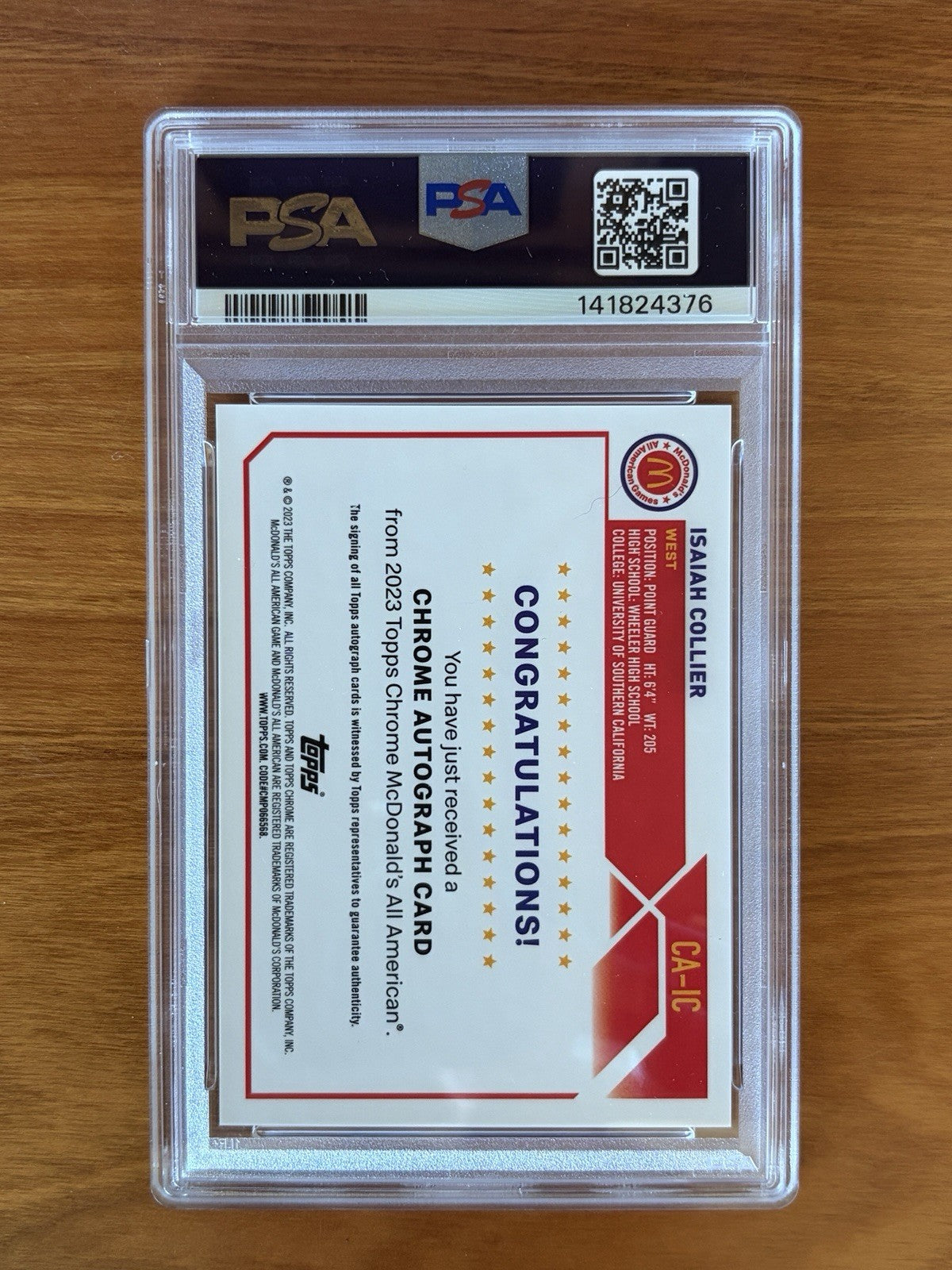 Back of 2023 Topps Chrome McDonald's All American Isaiah Collier autograph card graded PSA 9 with PSA Auto 10 signature. 2023 Topps Chrome McDonald's All American Isaiah Collier PSA 9 Auto PSA 10