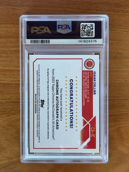 Back of 2023 Topps Chrome McDonald's All American Isaiah Collier autograph card graded PSA 9 with PSA Auto 10 signature. 2023 Topps Chrome McDonald's All American Isaiah Collier PSA 9 Auto PSA 10