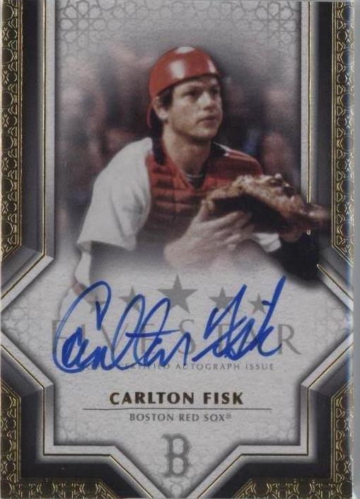 Close-up of Carlton Fisk autograph on 2023 Topps Five Star certified autograph baseball card featuring the Boston Red Sox Hall of Fame catcher. 2023 Topps Five Star - Autographs Carlton Fisk PSA GRADED 7 Auto 10