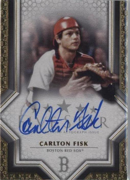 Close-up of Carlton Fisk autograph on 2023 Topps Five Star certified autograph baseball card featuring the Boston Red Sox Hall of Fame catcher. 2023 Topps Five Star - Autographs Carlton Fisk PSA GRADED 7 Auto 10