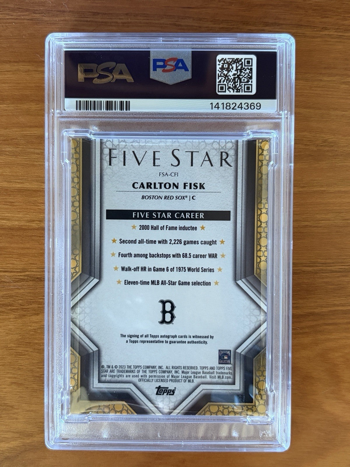 2023 Topps Five Star - Autographs Carlton Fisk PSA GRADED 7 Auto 10. Back of 2023 Topps Five Star Carlton Fisk autograph card graded PSA 7 with PSA Auto 10, featuring career highlights and PSA certification.