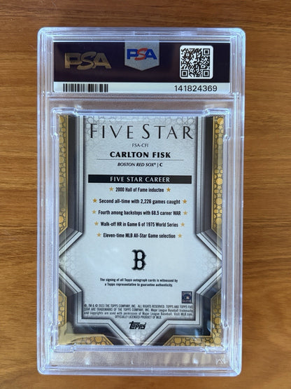 2023 Topps Five Star - Autographs Carlton Fisk PSA GRADED 7 Auto 10. Back of 2023 Topps Five Star Carlton Fisk autograph card graded PSA 7 with PSA Auto 10, featuring career highlights and PSA certification.