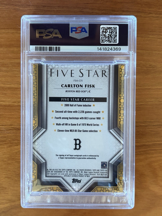 2023 Topps Five Star - Autographs Carlton Fisk PSA GRADED 7 Auto 10. Back of 2023 Topps Five Star Carlton Fisk autograph card graded PSA 7 with PSA Auto 10, featuring career highlights and PSA certification.