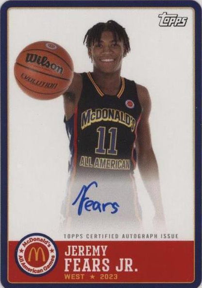 2023 Topps McDonald's All American Gameday Paper Autographs Jeremy Fears Jr. signed basketball card featuring the 2023 prospect and Michigan State recruit. 2023 Topps Chrome McDonald's All American Jeremy Fears Jr. Gameday PSA 9 Auto 10