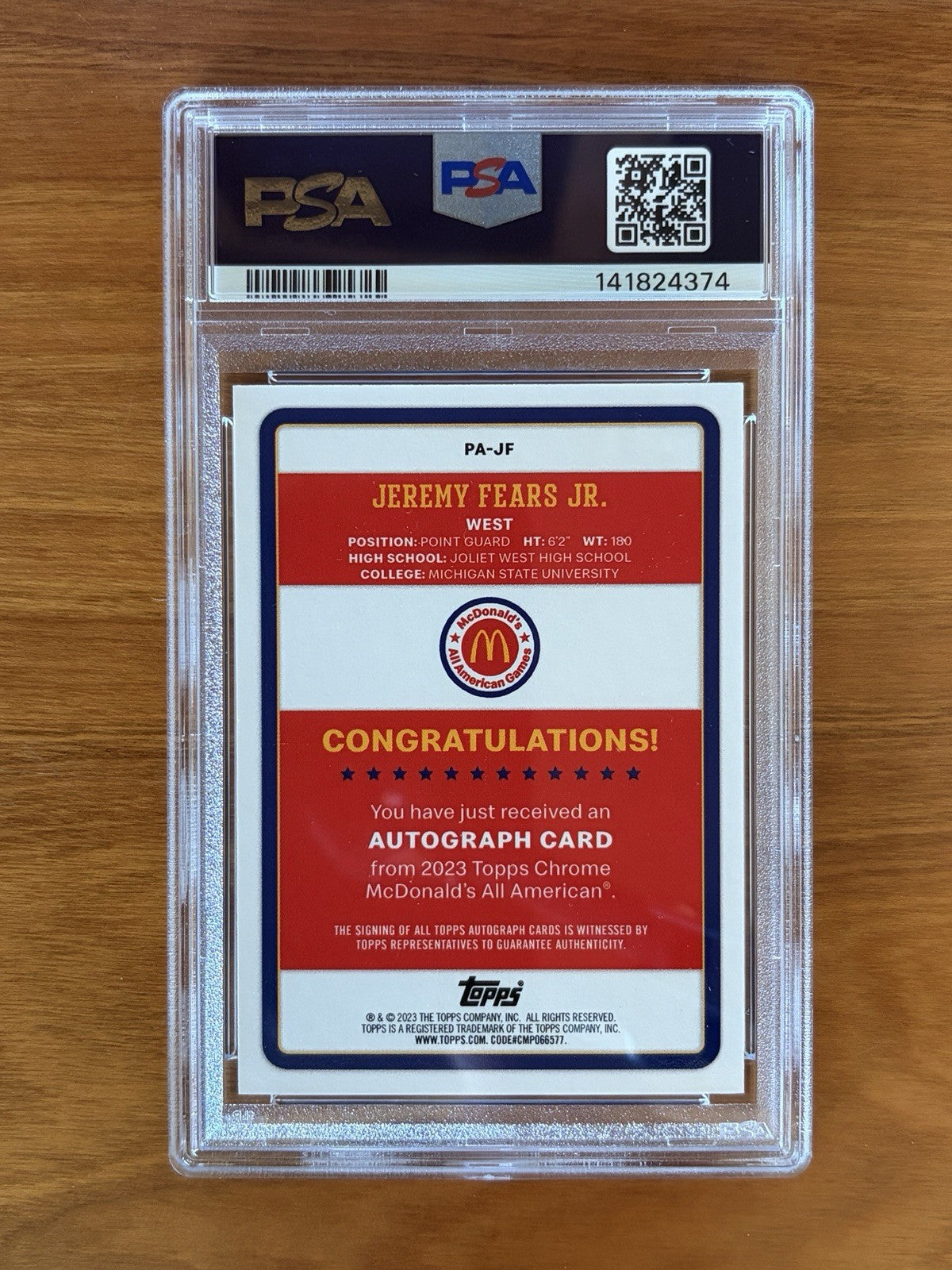 Reverse side of Jeremy Fears Jr. 2023 Topps McDonald's All American autograph card showing player information, Michigan State University, and autograph certification. 2023 Topps Chrome McDonald's All American Jeremy Fears Jr. Gameday PSA 9 Auto 10
