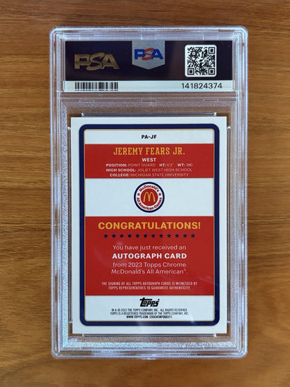 Reverse side of Jeremy Fears Jr. 2023 Topps McDonald's All American autograph card showing player information, Michigan State University, and autograph certification. 2023 Topps Chrome McDonald's All American Jeremy Fears Jr. Gameday PSA 9 Auto 10