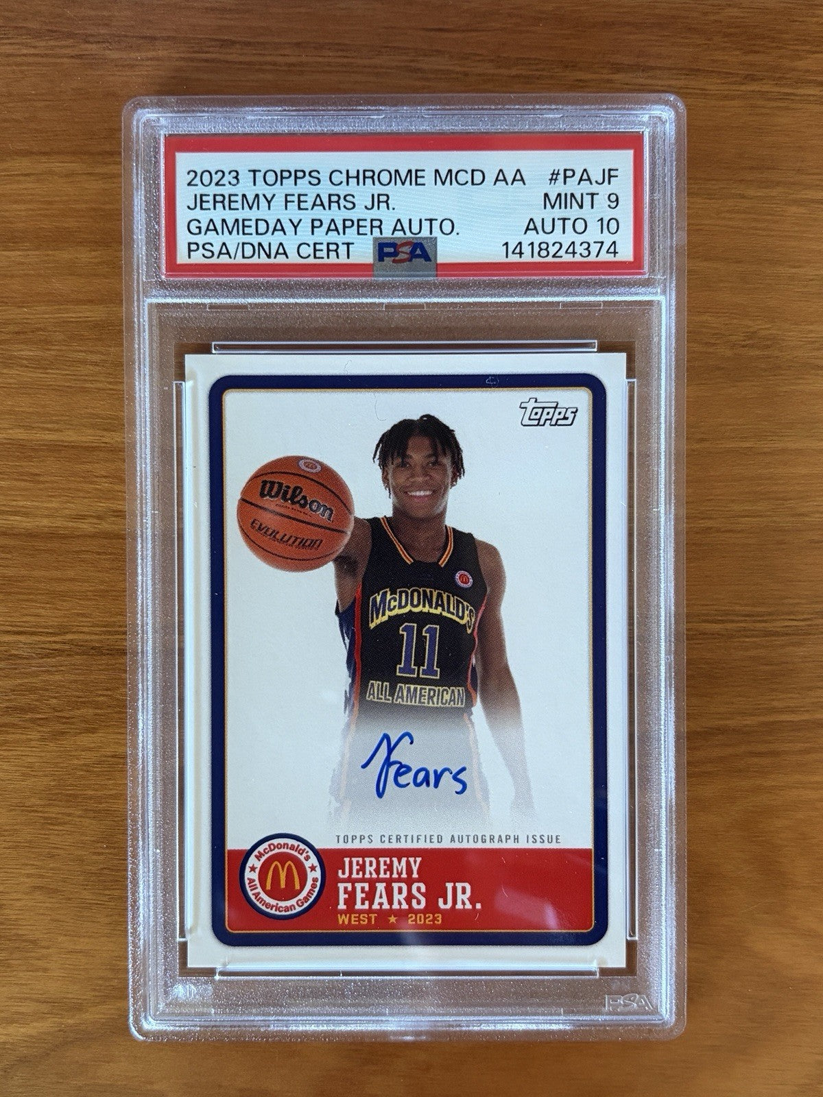 2023 Topps McDonald's All American Gameday Paper Autographs Jeremy Fears Jr. signed basketball card graded PSA 9 with PSA Auto 10 autograph. 2023 Topps Chrome McDonald's All American Jeremy Fears Jr. Gameday PSA 9 Auto 10