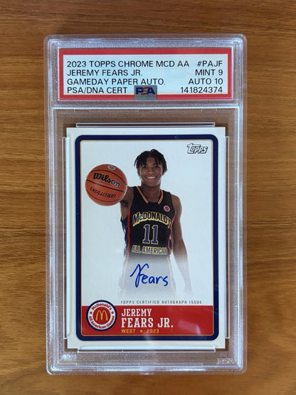 2023 Topps McDonald's All American Gameday Paper Autographs Jeremy Fears Jr. signed basketball card graded PSA 9 with PSA Auto 10 autograph. 2023 Topps Chrome McDonald's All American Jeremy Fears Jr. Gameday PSA 9 Auto 10
